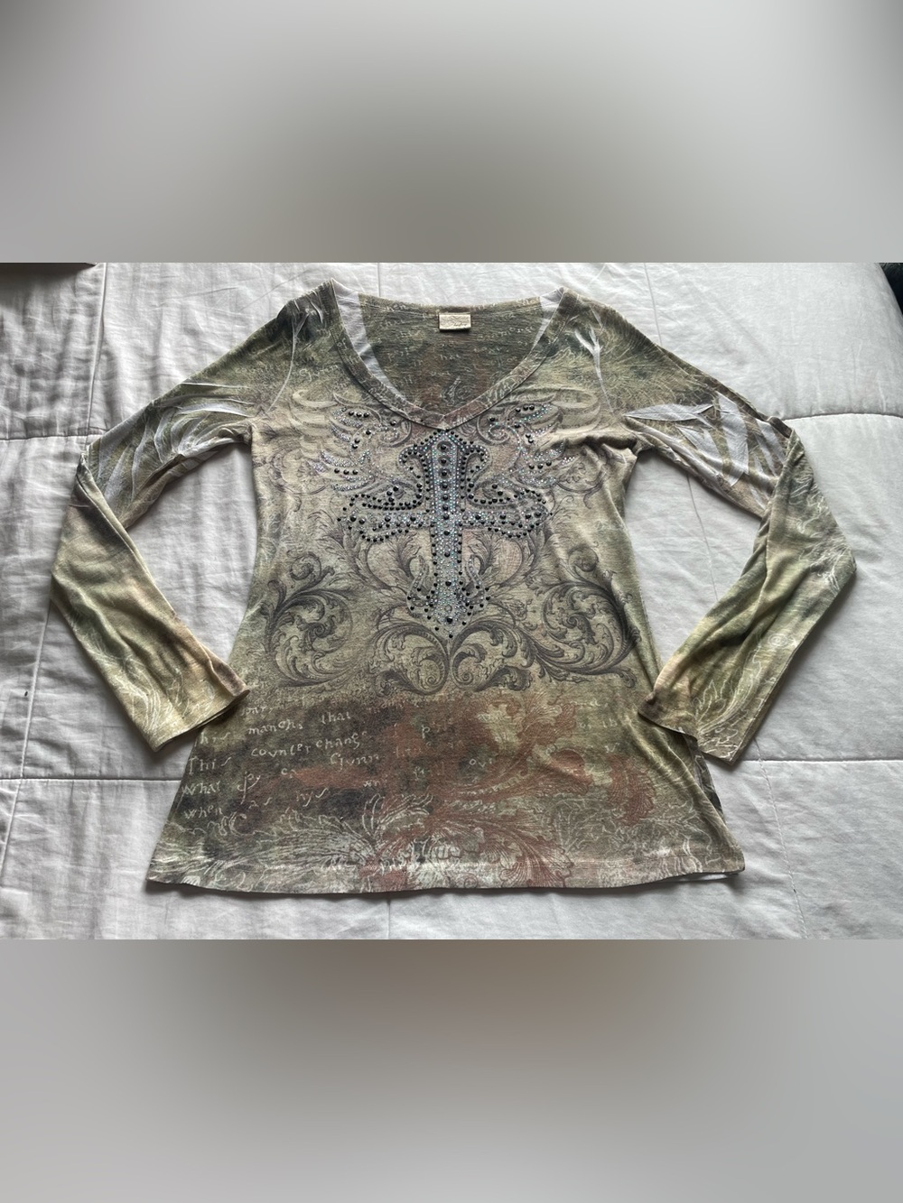 Y2K Green Rhinestone Cross Burnout Embellished Baby Tee Large Biker McBling 00s